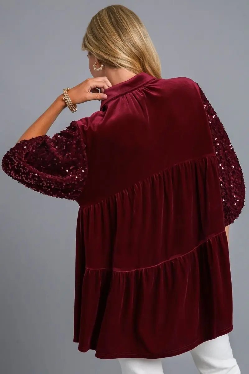 Umgee Sequin Detail Tiered Back Half Sleeve Shirt for Women - Love Salve